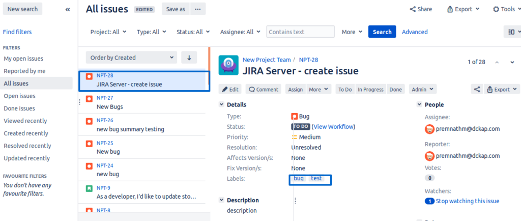 JIRA Server Issues Dashboard