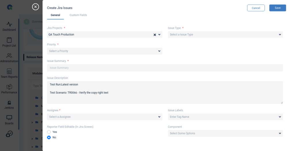 QA Touch Test Runs Result addform