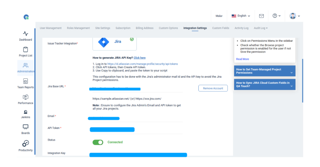 QA Touch Global Integration Settings
