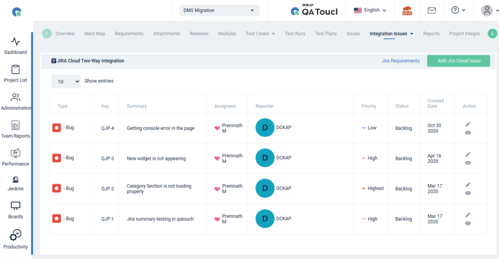 QA Touch Jira Issue List View