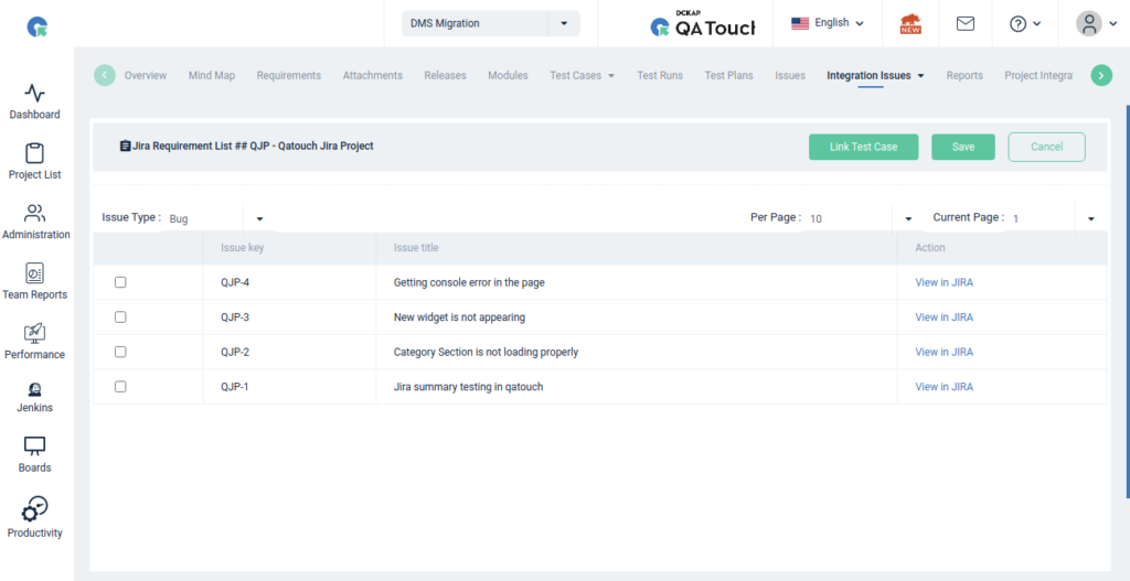 QA Touch Jira Requirement List