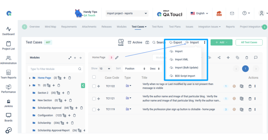QA Touch Test case list