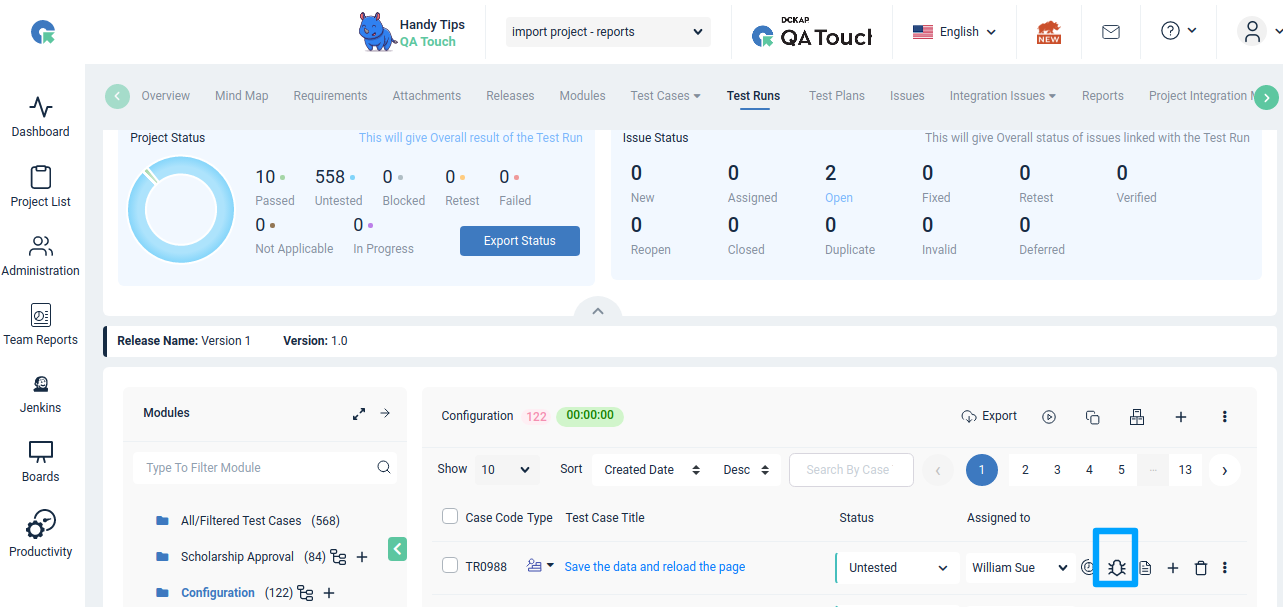 QA Touch Test Runs Result