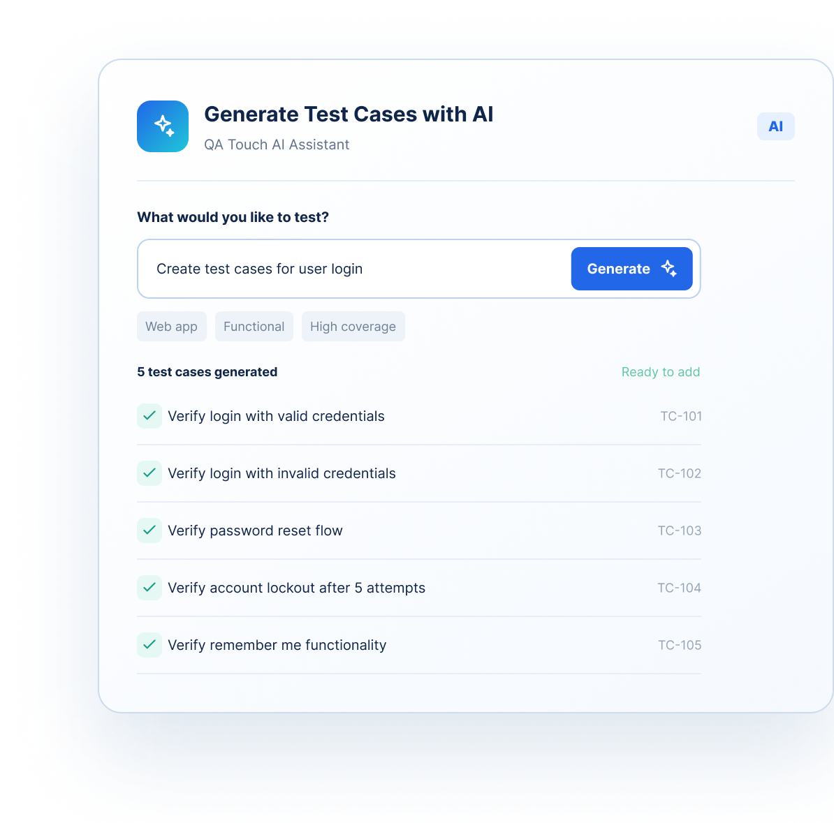 QA Touch AI assistant generating test cases for user login from a simple prompt